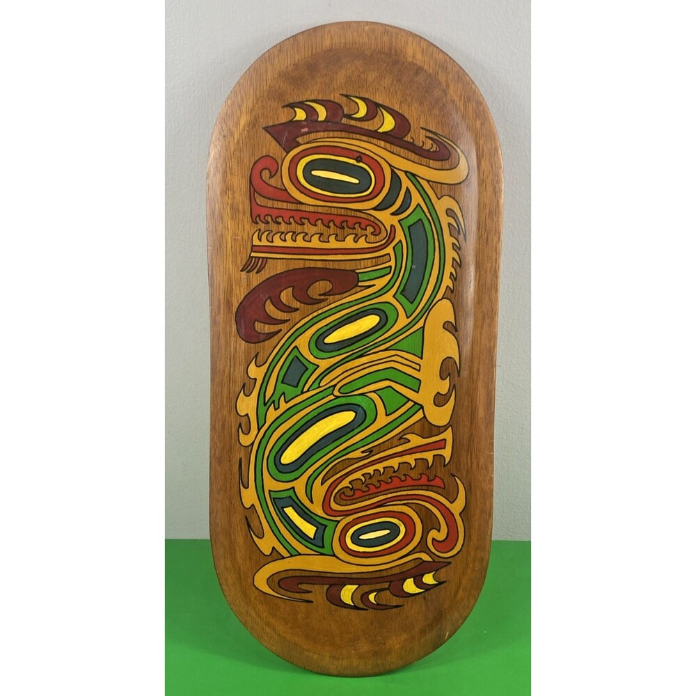 VTG Latin American 22" Hand-Painted Dragon Wooden Platter Indigenous Folk Art